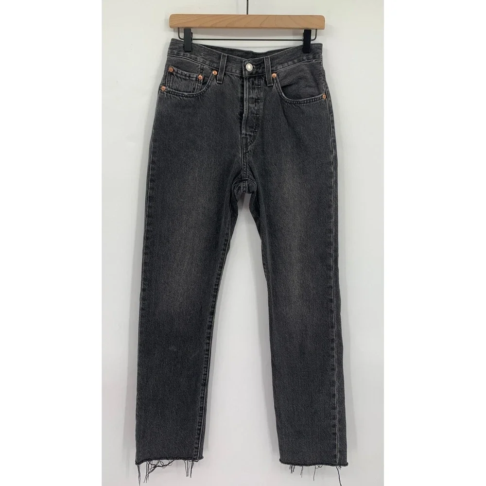 Levis 501 Jeans Womens 26 Black Button Fly Straight Leg Raw Hem Fade Denim 26x30